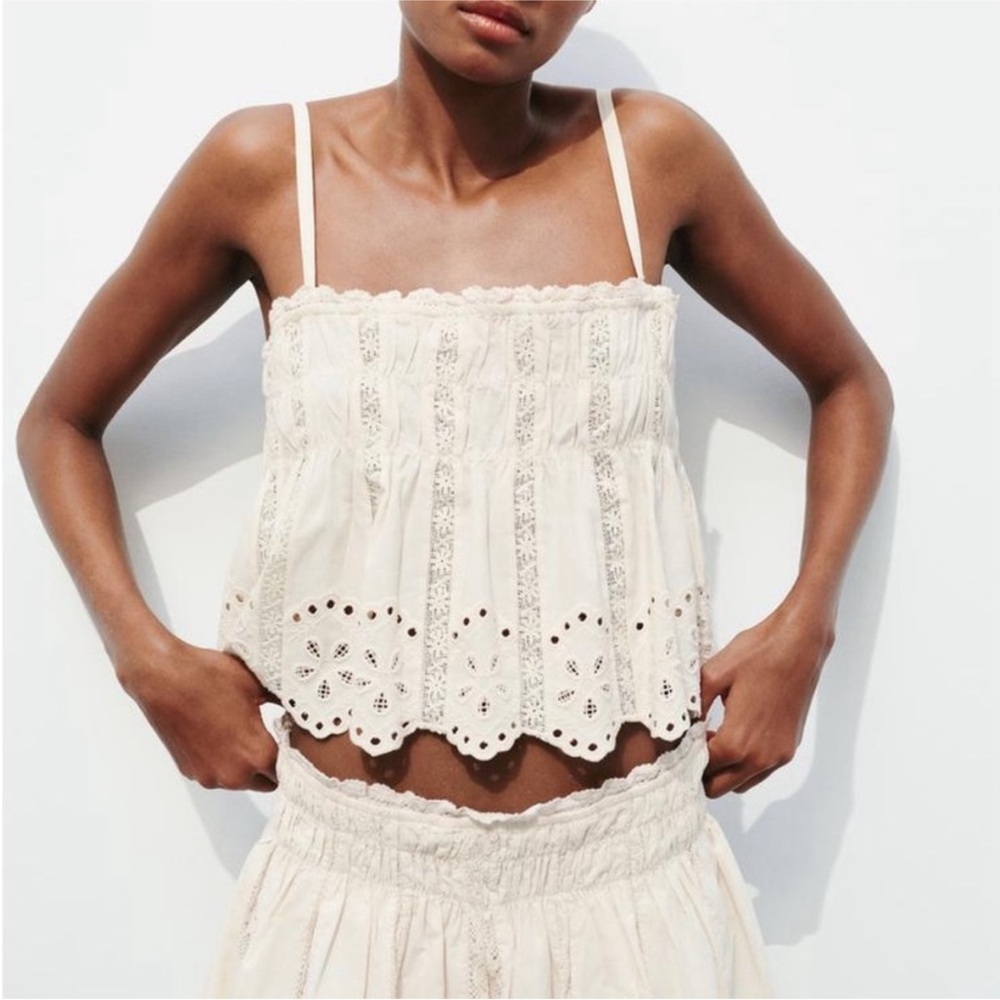 Zara Ecru Embroiled Cami Top Cream Lace Women's Top
